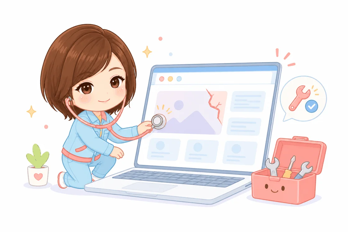 聴診器と工具でホームページを点検・修理するスタッフのイラスト