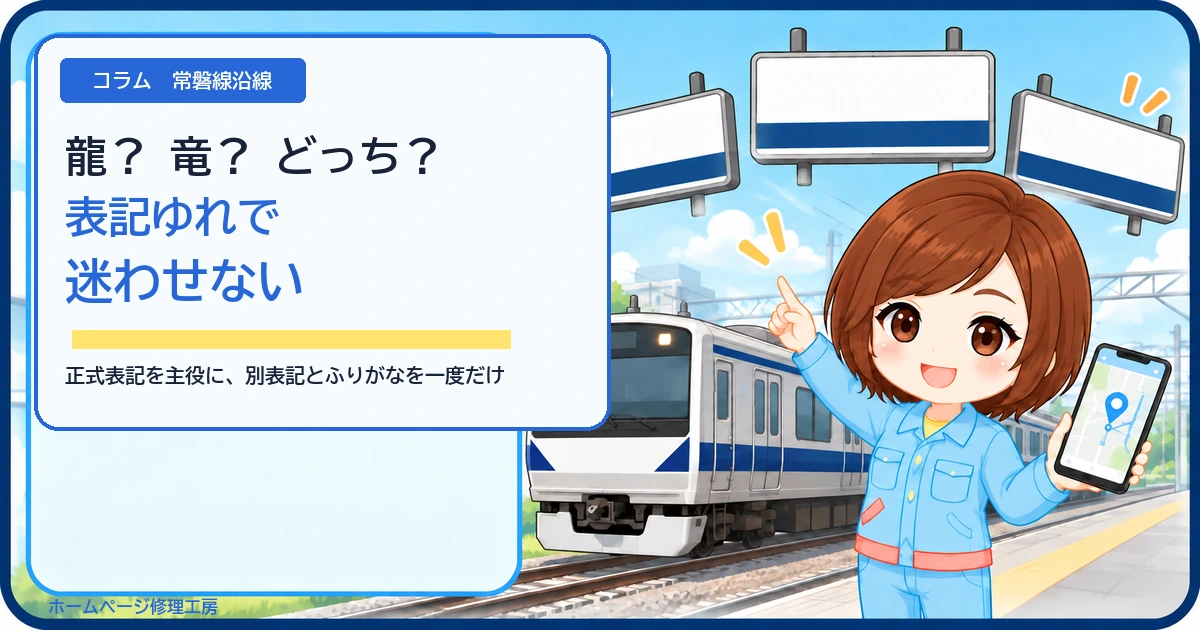 コラム「龍？竜？どっちで書く？」のアイキャッチ。側面の窓上下に濃紺の帯、白い先頭正面の左右に濃紺の対称模様を持つE531系風の常磐線と工房スタッフ。