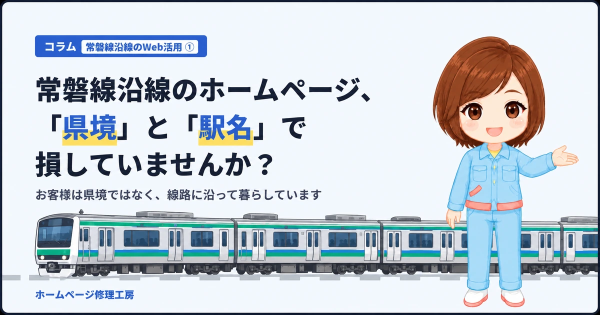 コラム『常磐線沿線のホームページ、県境と駅名で損していませんか？』のアイキャッチ。工房スタッフの後ろを、緑と青の帯を持つ常磐線の電車が走るイラスト。