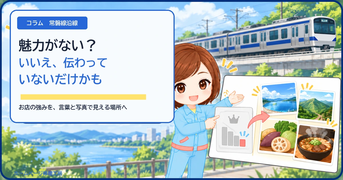 コラム「魅力がない？ いいえ、伝わっていないだけかも」のアイキャッチ。側面の窓上下に濃紺の帯、白い先頭正面の左右に濃紺の対称模様を持つE531系風の常磐線と工房スタッフ。