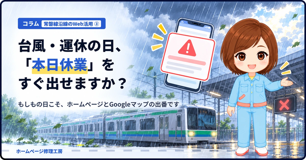 コラム「台風・運休の日、本日休業をすぐ出せますか？」のアイキャッチ。大雨の駅で停車する常磐線、スマートフォンの臨時休業通知、工房スタッフのイラスト。