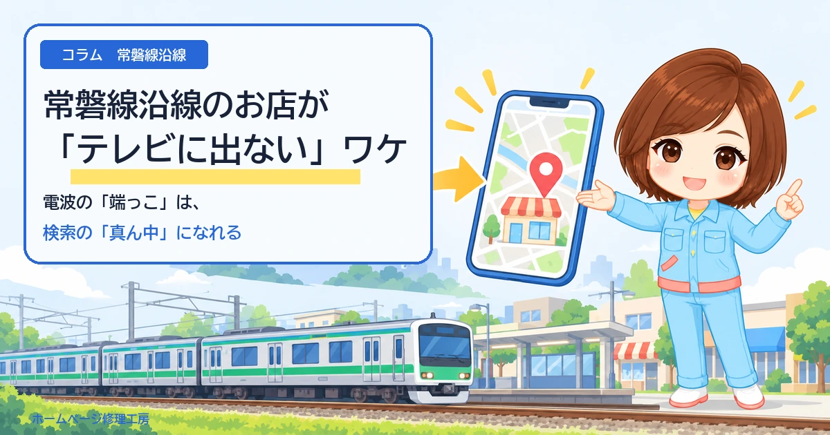 コラム「常磐線沿線のお店がテレビに出ないワケ」のアイキャッチ。テレビからスマートフォンの地域検索へ視線が移り、駅前を緑と青の帯の常磐線が走るイラスト。