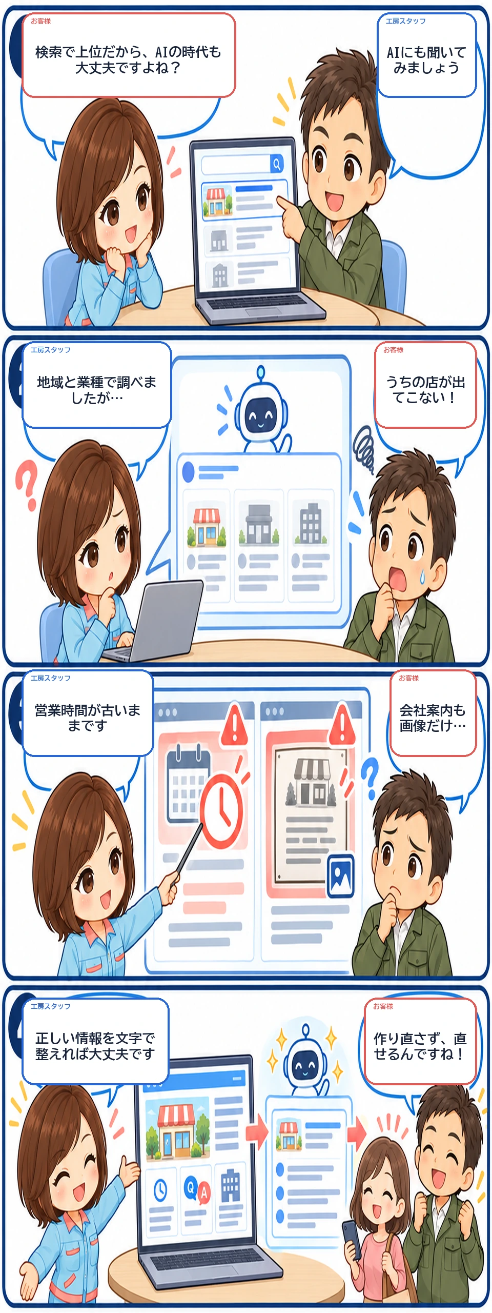 4コマ漫画「AIに紹介されないワケ」。検索上位でもAIの回答にお店が出ず、古い営業時間や画像だけの会社情報を文字で整えて改善する流れを紹介。