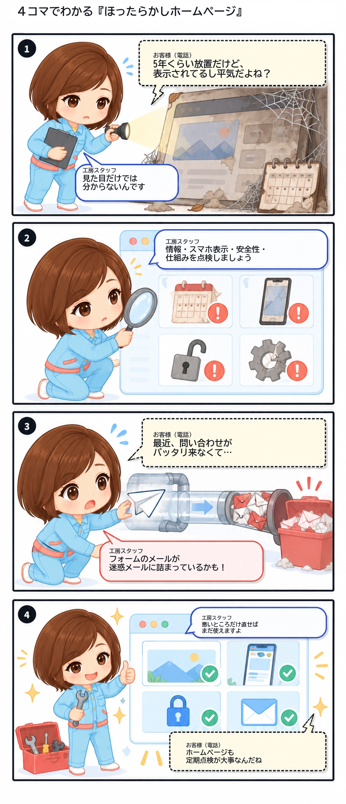 4コマ漫画「ほったらかしホームページ」。古いサイトを懐中電灯で確認し、情報・スマホ表示・安全性・仕組みを点検。迷惑メールに詰まる問い合わせを発見し、悪い部分だけ修理して安全で使いやすい状態に直す流れ。