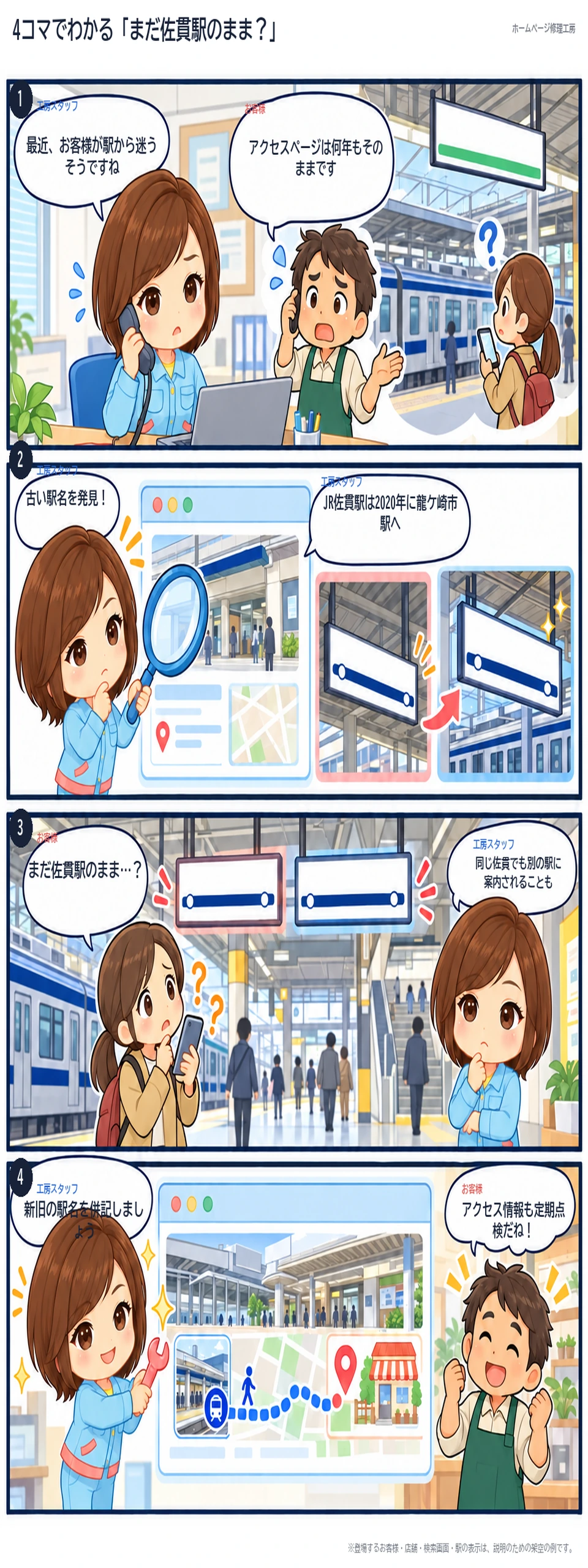 4コマ漫画「まだ佐貫駅のまま?」。古いアクセスページに残った佐貫駅表記を見つけ、JR龍ケ崎市駅への変更と新旧駅名の併記、定期点検の必要性を説明する。取手以北の常磐線は濃い青一色の帯。