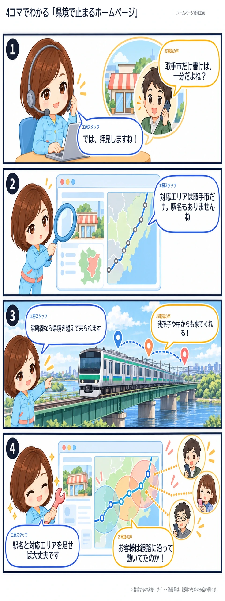 4コマ漫画『県境で止まるホームページ』。1コマ目:取手のお店から、取手市だけ書けば十分か相談を受ける。2コマ目:工房スタッフがサイトを点検し、対応エリアが取手市だけで駅名もないことを確認。3コマ目:常磐線の電車が利根川の橋を渡り、我孫子・柏・取手など県境を越えてお客様が来ることを説明。4コマ目:駅名と対応エリアを書き足す改善を提案し、お客様が線路に沿った商圏に気づく。