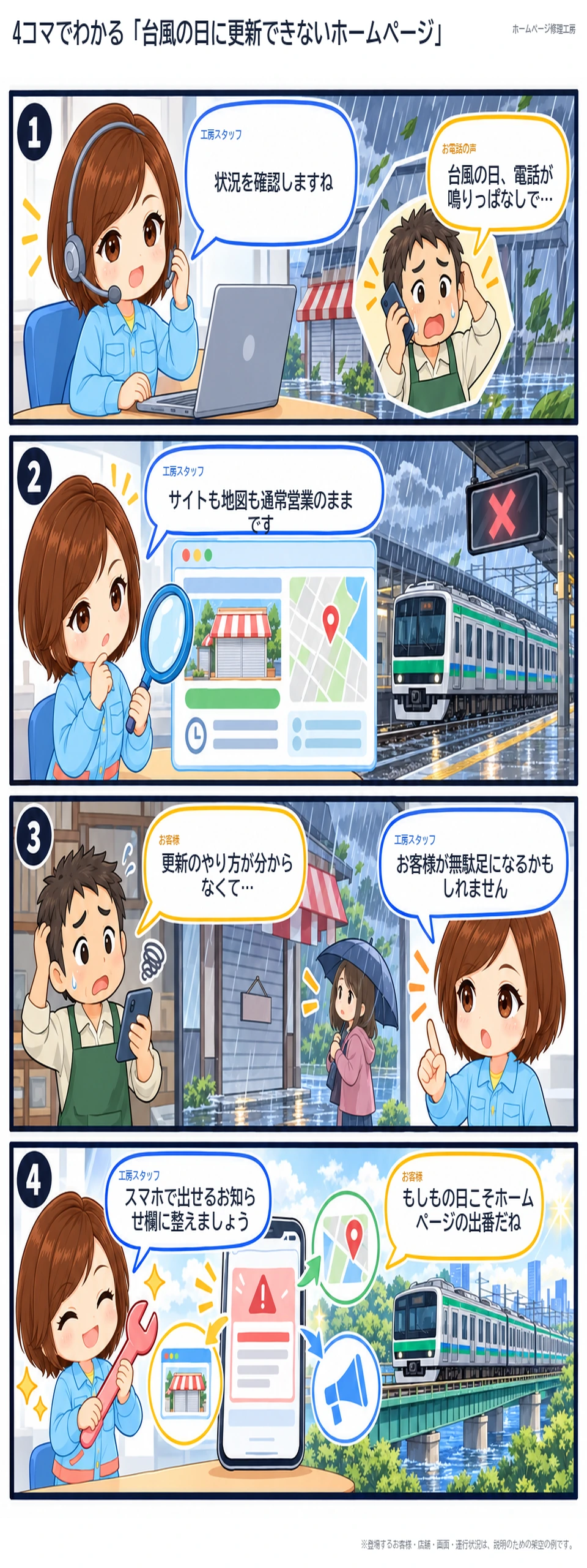 4コマ漫画「台風の日に更新できないホームページ」。1コマ目:台風の日に問い合わせ電話が鳴り続ける店主から相談を受ける。2コマ目:常磐線が運休している一方、ホームページと地図は通常営業のままだと確認。3コマ目:店主が更新できず、雨の中でお客様が無駄足になる危険を指摘。4コマ目:スマホから出せるお知らせ欄と発信手順を整え、もしもの日こそホームページが役立つと気づく。
