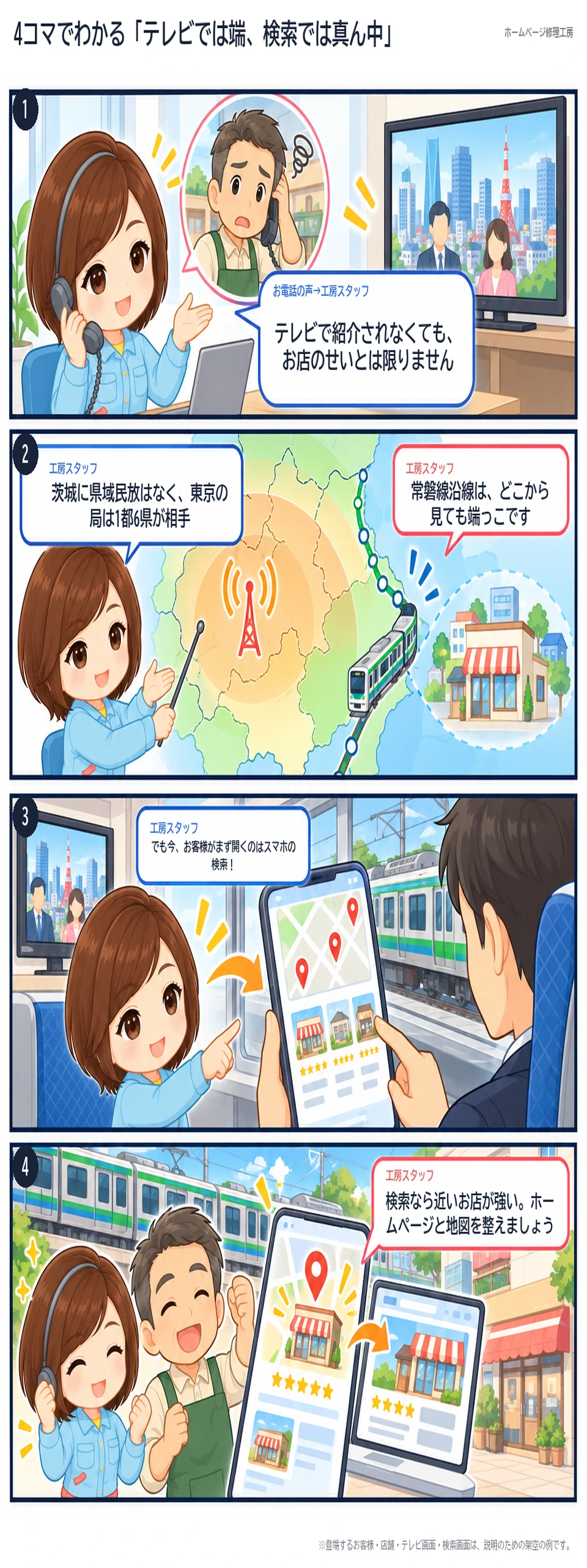 4コマ漫画「テレビでは端、検索では真ん中」。1コマ目:テレビで紹介されないと悩む店主に、工房スタッフがお店のせいとは限らないと答える。2コマ目:茨城には県域民放がなく、東京の局は1都6県が対象で、常磐線沿線は放送圏の端になりやすいと説明。3コマ目:常磐線の車内でお客様がスマートフォンの地域検索を使う場面。4コマ目:ホームページと地図を整え、近いお店として検索の中心になれることを伝える。